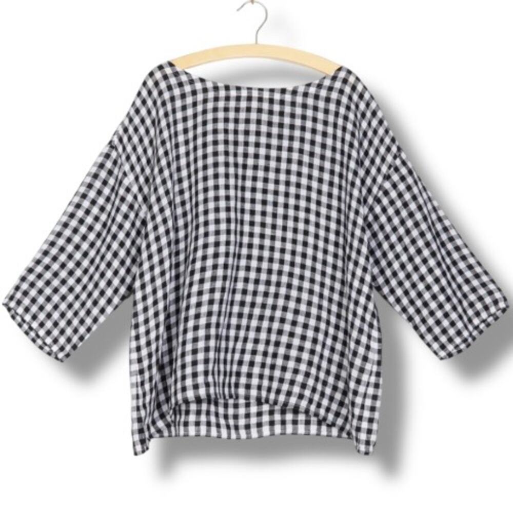 Eileen Fisher Black and White Gingham Boatneck Blouse